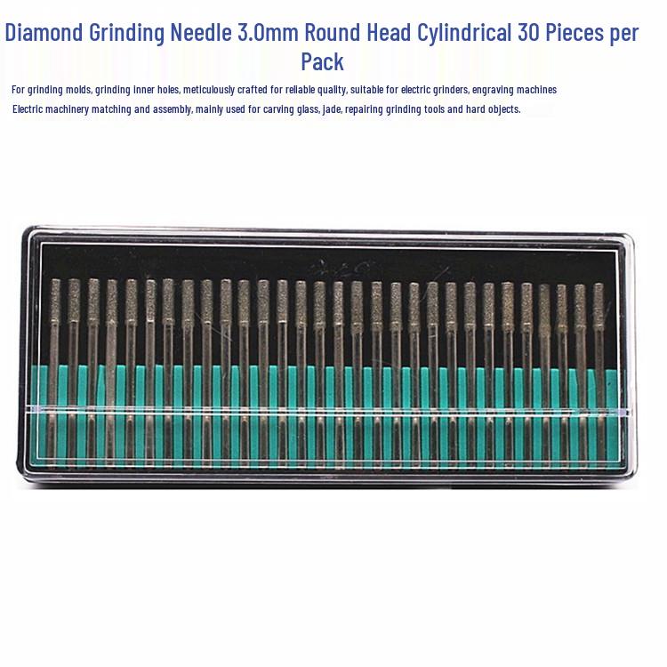 30-Piece Electroplated Diamond Grinding Needle Set with 3.0mm Round Head Cylindrical Tips