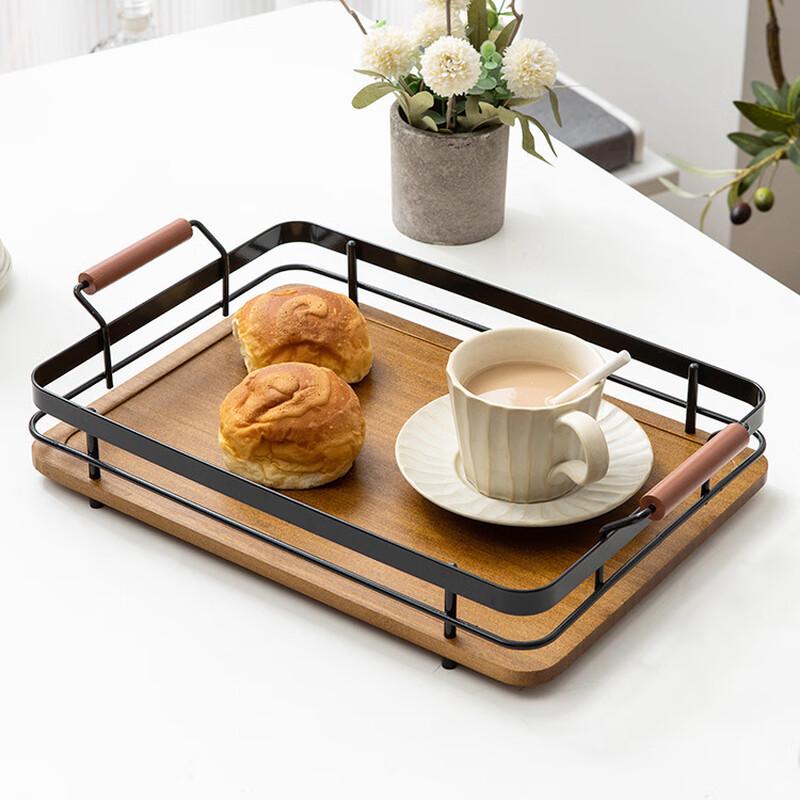 Rectangular Bamboo Wood Serving Tray with Metal Handles