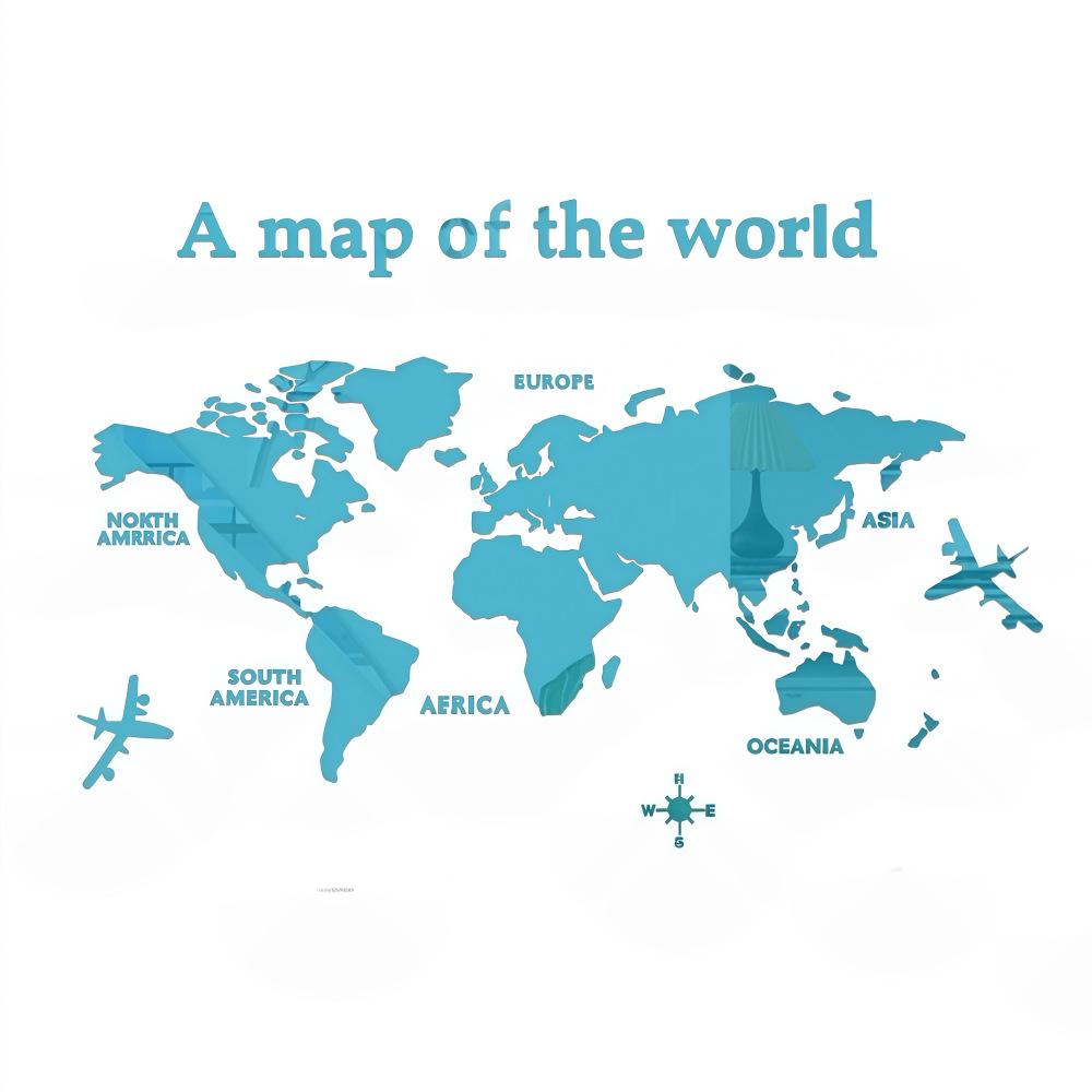 World Map Mirror Wall Sticker - European Style, Self-Adhesive for Office, Corridor, Living Room, Entrance Hall.