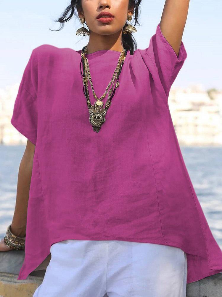 2024 Damen Frühling/Sommer Einfarbig Baumwolle-Leinen Locker Rundhals Shirt mit Unregelmäßigem Saum und Kurzen Ärmeln.