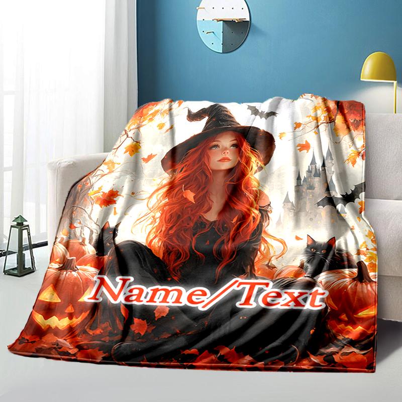1PC Custom Name Witch Autumn Leaves Outdooor Flannel Blankets Throw Blanket All-Season Throw Gift Bedspread for Couch, Bed, Camping Holiday Birthday G