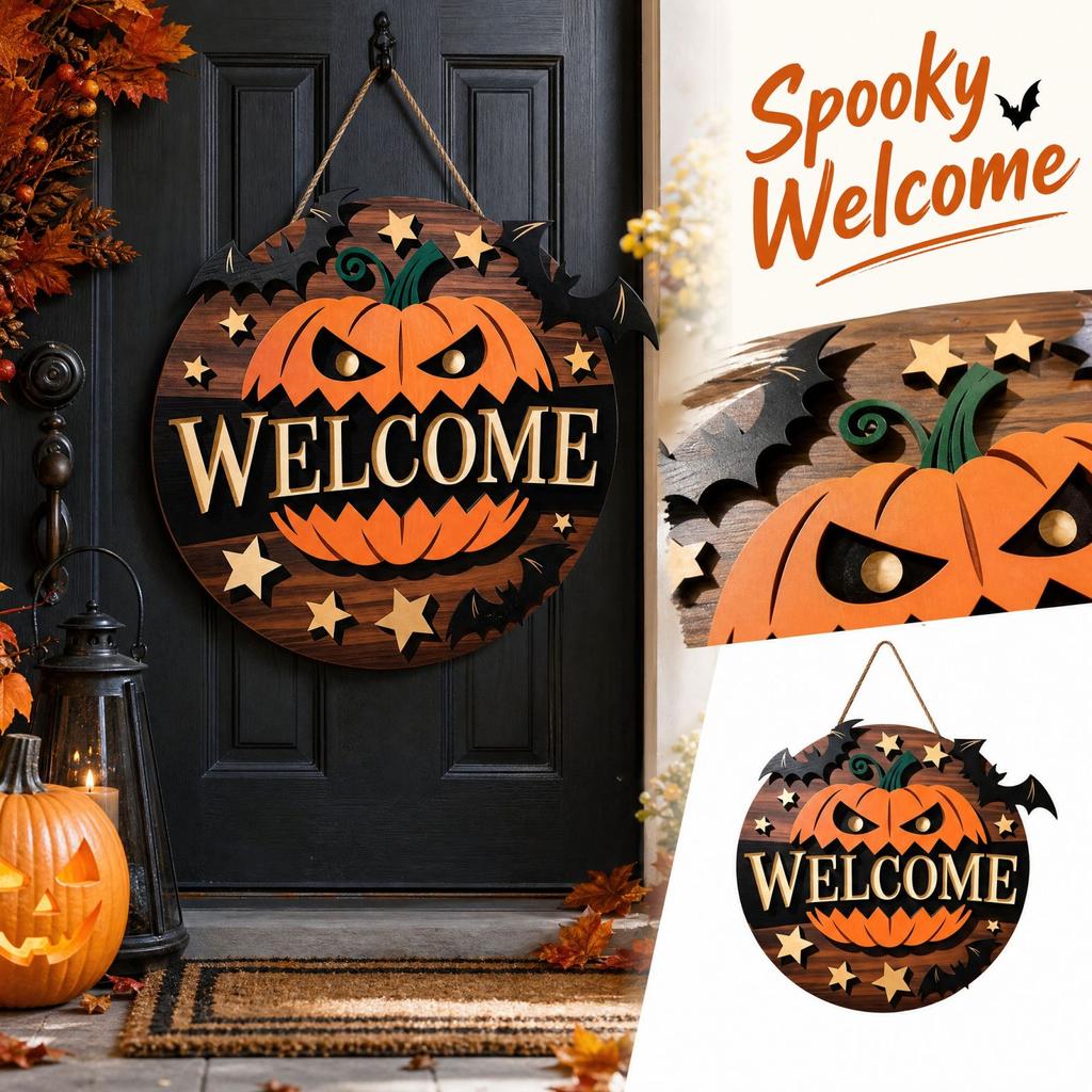 Halloween Wooden Pumpkin Welcome Sign for Front Door, Porch and Outdoor Wall Hanging Decor