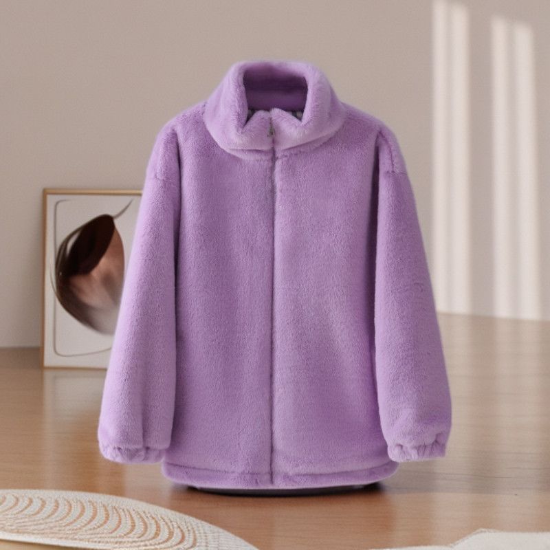 Women's Coral Fleece Jacket Autumn Winter Loose Warm Plush Jacket Stand Collar Thick Cotton Plush Jacket