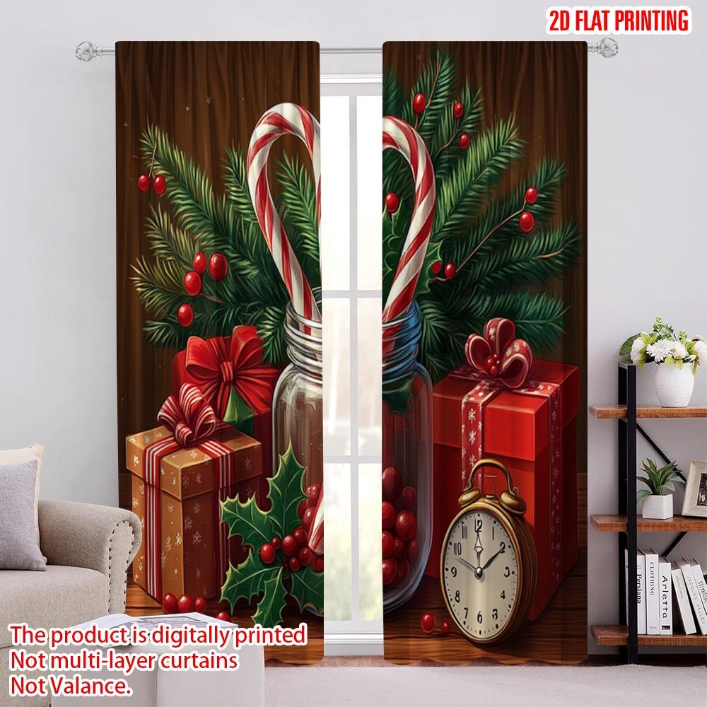

2pcs,2D plane printing Curtain Popular Christmas Candy Canes Holly Gift (4) Polyester Fabric (without rod) Decorations Outdoor 52.50 × 116.00 cm 2 pcs