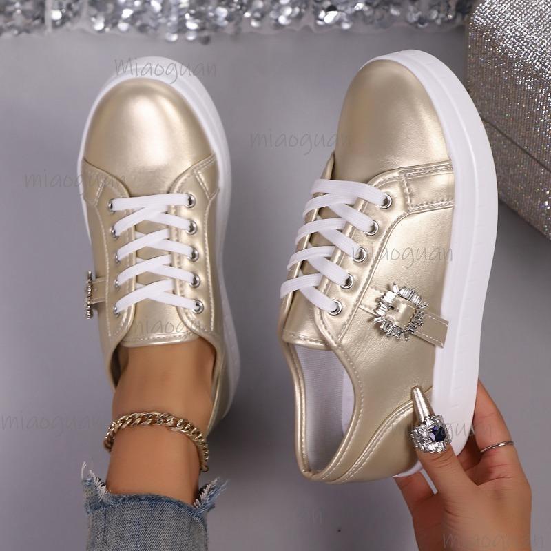 Women's Sneakers Gold Silver Low Top Casual Sports Shoes Women Metal Decor Comfortable Non Slip Walking Shoes Size 36 43