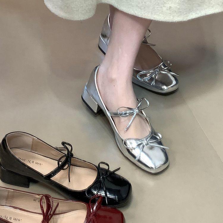 Silver High-end Bow with Skirt Single Shoes Women's 2025 New Thick Heel Temperament Word with Mary Jane Single Shoes
