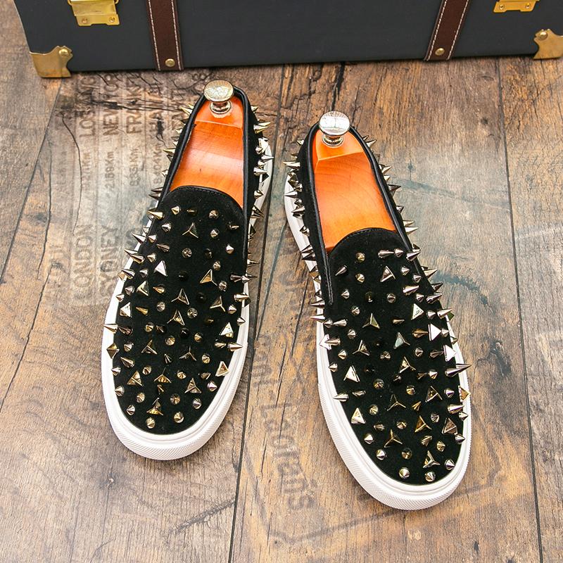 Punk Round Toe Rhinestone Sequin Loafers for Men Casual Shoes Rivet Skateboard Shoe Trendy Flat Slip On Men's Shoes Zapatos