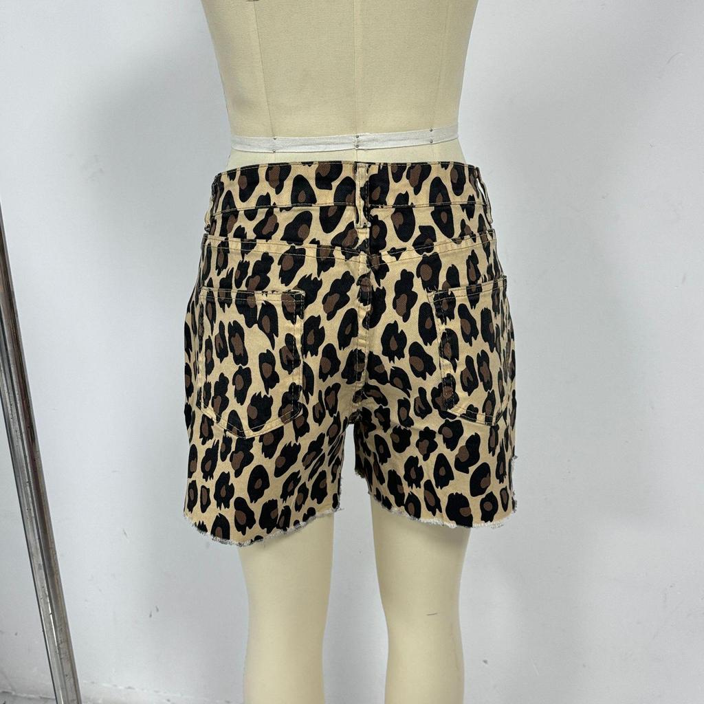 European & American Retro Leopard Print High Waist Ripped Denim Shorts for Women