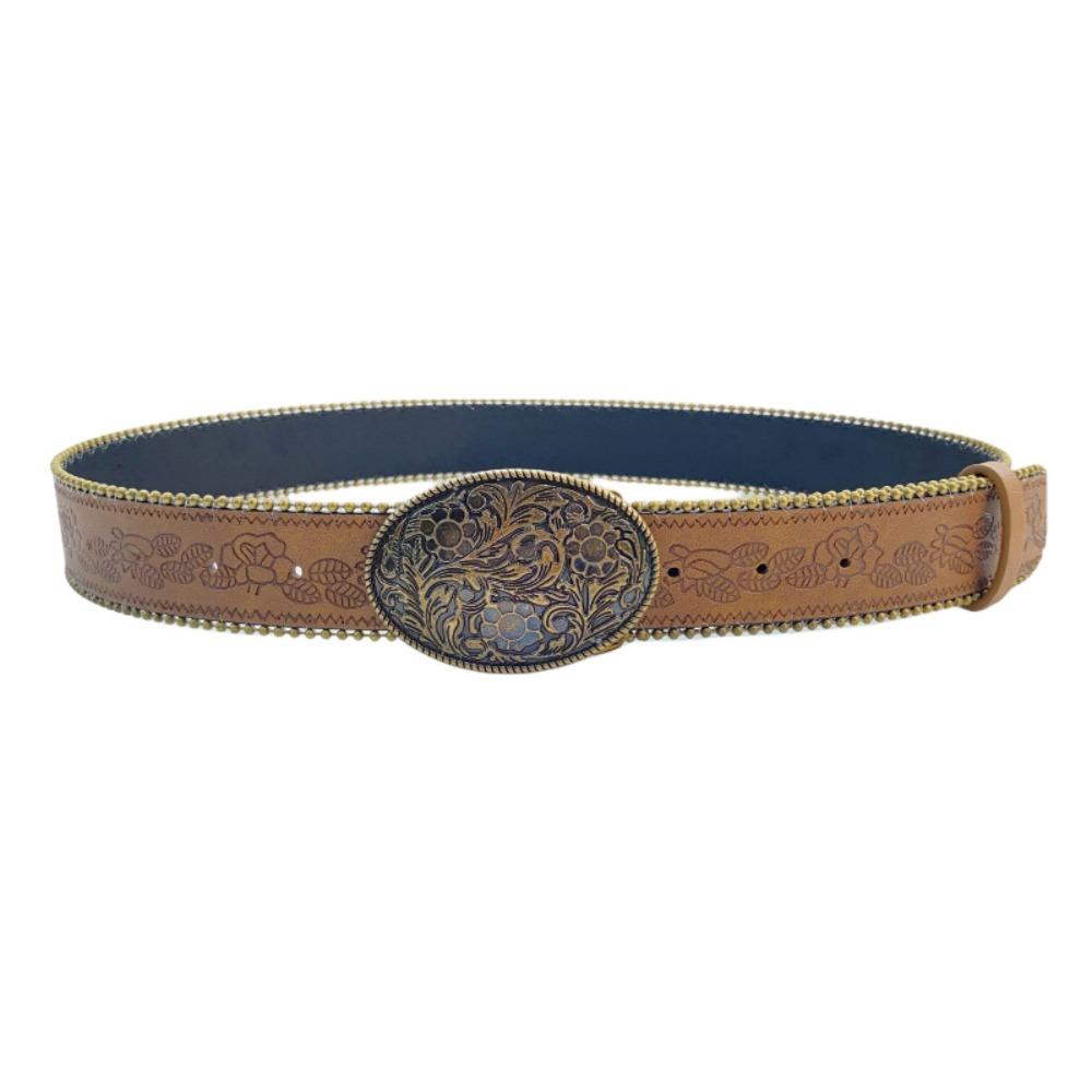 Zinc Zinc Alloy Cowgirl Buckle Belt Vintage Flower PU Hollow Belt Fashion Cowboy Waistband  Dress Decoration