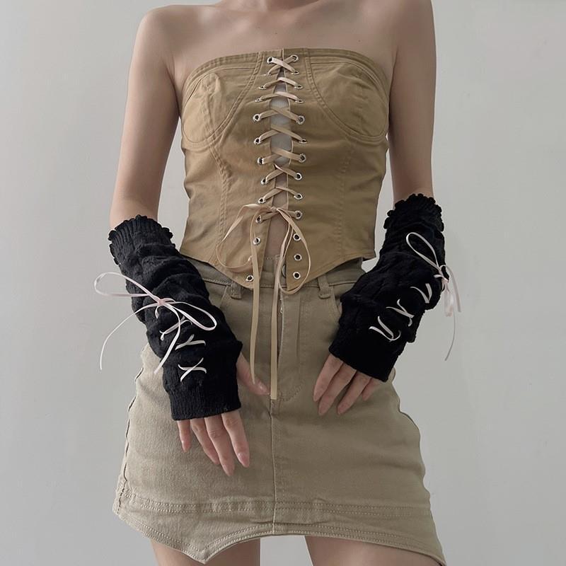 1 Pair Female Y2K Fashion Arm Warmers Bowknot Soft Knitted Gloves Women Girl Half Finger Mittens Solid Color Thicken Arm Sleeves