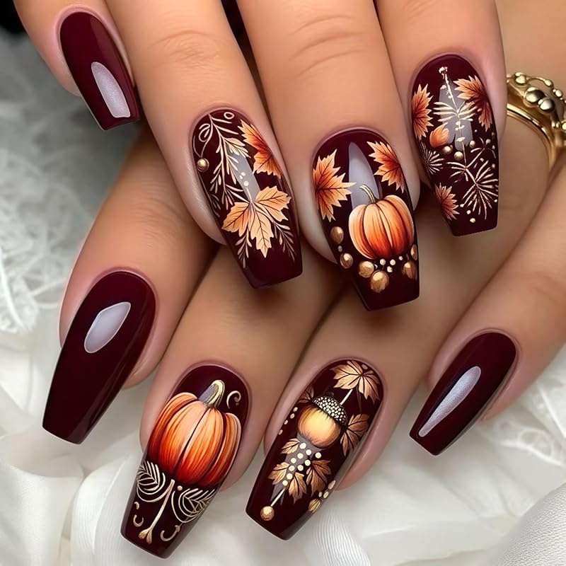 Fall Press on Nails Long Ballerina Coffin Nails Thanksgiving Maple Leaf Acrylic Glue on Nail Glossy Autumn Gold Maple Leaves Fake Nail for Women DIY