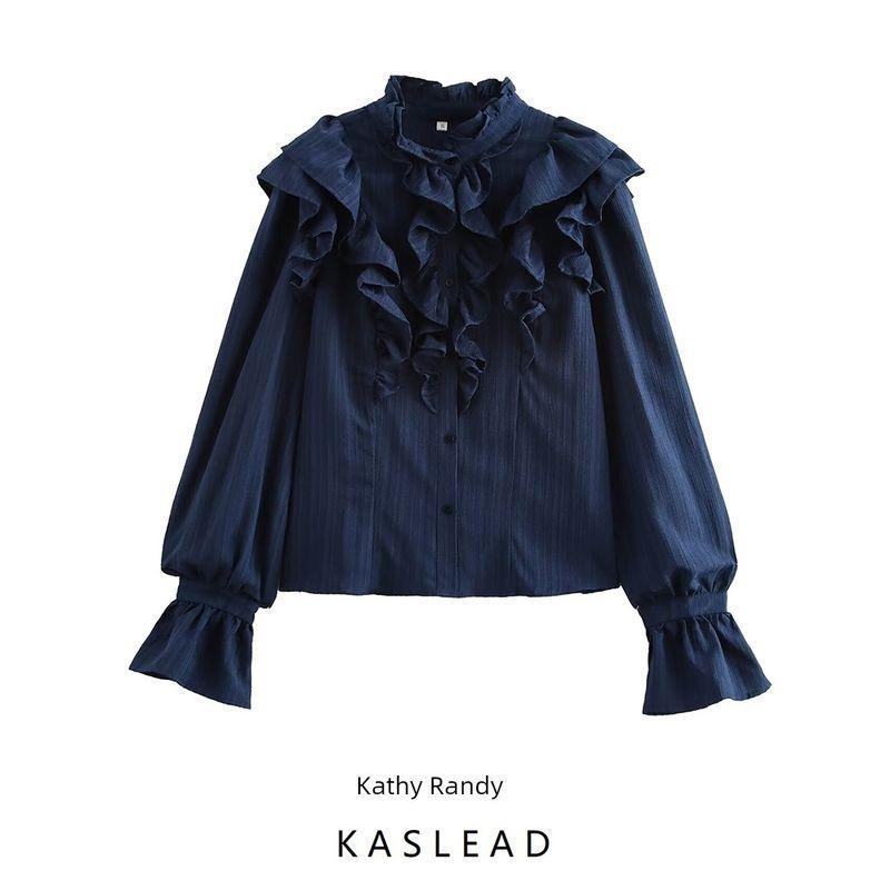 Kaslead New Arrival Women's Clothing Fashion Style Fashion Minimalist Texture Ruffles Bell Sleeve Shirt