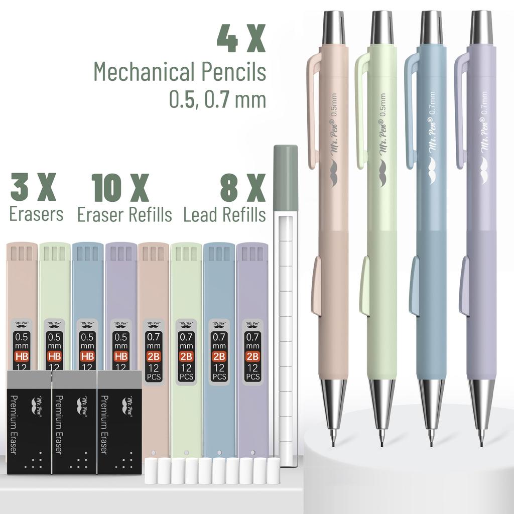 Mr. Pen Pastel Mechanical Pencil Set – 4-Pack, 0.5mm & 0.7mm, Fast-Click Aesthetic Cute Writing Pencils for Students & Office Supplies