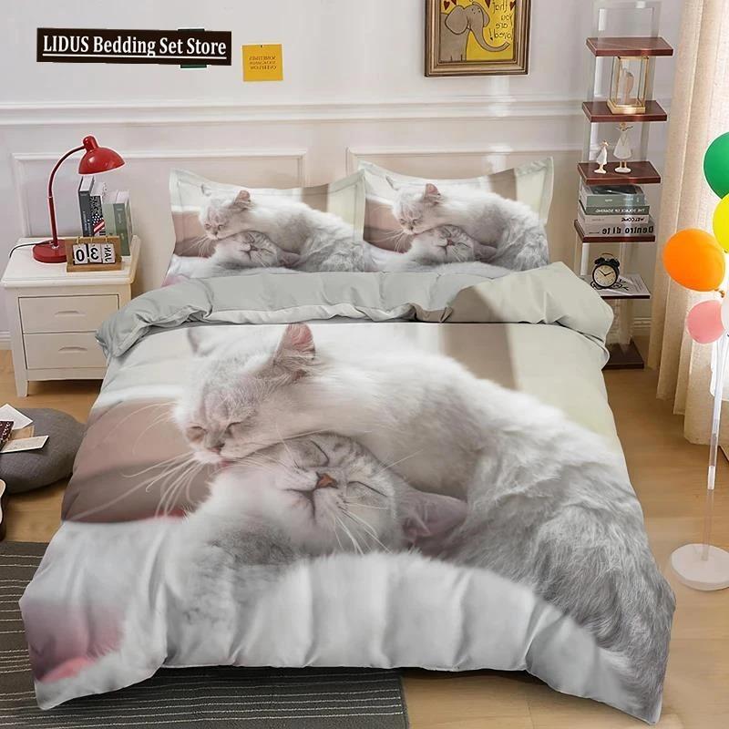 Härligt Sällskapsdjur Katt Sängklädesset Djurtryckta Överdrag Enkelt Dubbelt King Queen Storlek Påslakan Kitty Mönster Polyester Quiltöverdrag