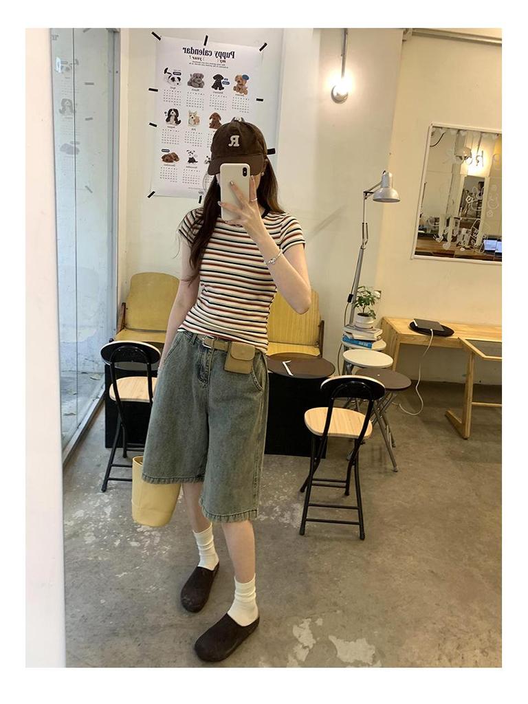 Women's American Retro Color Block Striped T-Shirt - 2025 Korean Style, Versatile Slim Fit, Round Neck