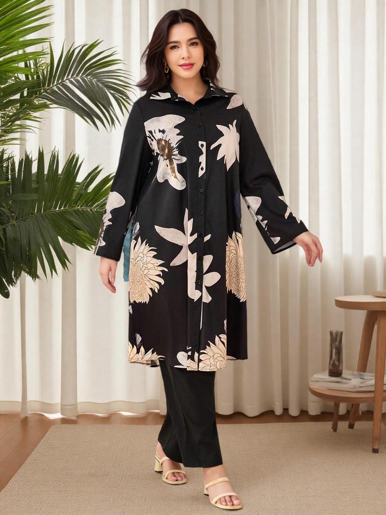 Dubai Plus Size Floral Long Sleeve & Pants with Long Skirt - Elegant Two-Piece Set