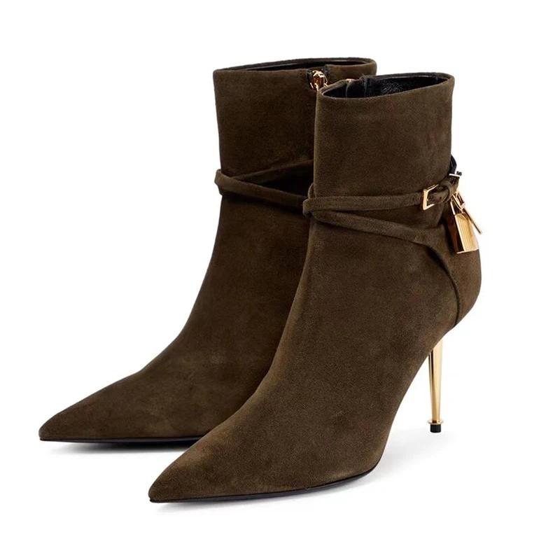 Módní Dámské Sexy Kovová Spona Dekorace Kotníkové Boty Podzim Zima Nové Zlatý Vysoký Podpatek Špičaté Přezka Pásku Módní Dlouhé Boty Velikost 34-43