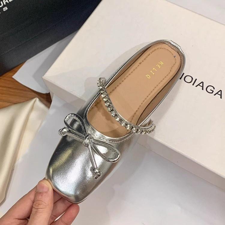 Flat Bottom Silver Gentle Bag Head Half Slippers Outer Wear New Spring and Summer Bow Single Shoes Mary Jane Shoes