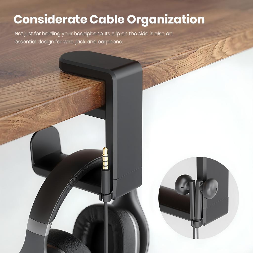360° Rotating Headphone Stand PC Gaming Headphone Desktop Hook and Cable Clamp Headphone Stand