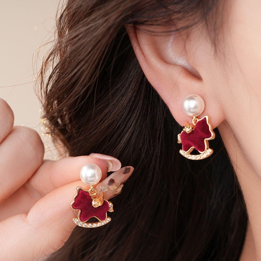 Rhinestone Zircon Horse Earrings Red Horse Stud Earrings Girls Jewelry