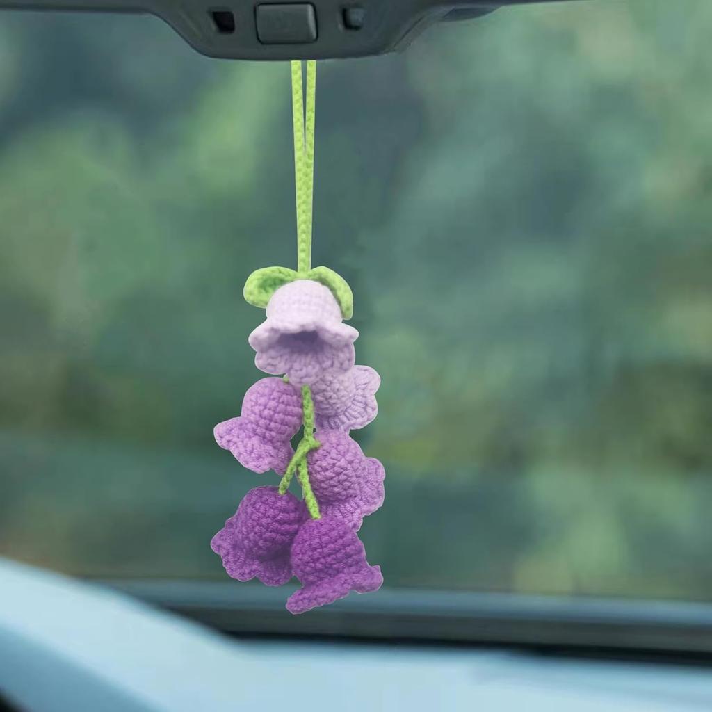 Car Rearview Mirror Hanging Ornament, Crochet Flower Basket Plant Accessory, Handmade Knitted Car Ornament Boho Accessory for Women (Lily of The