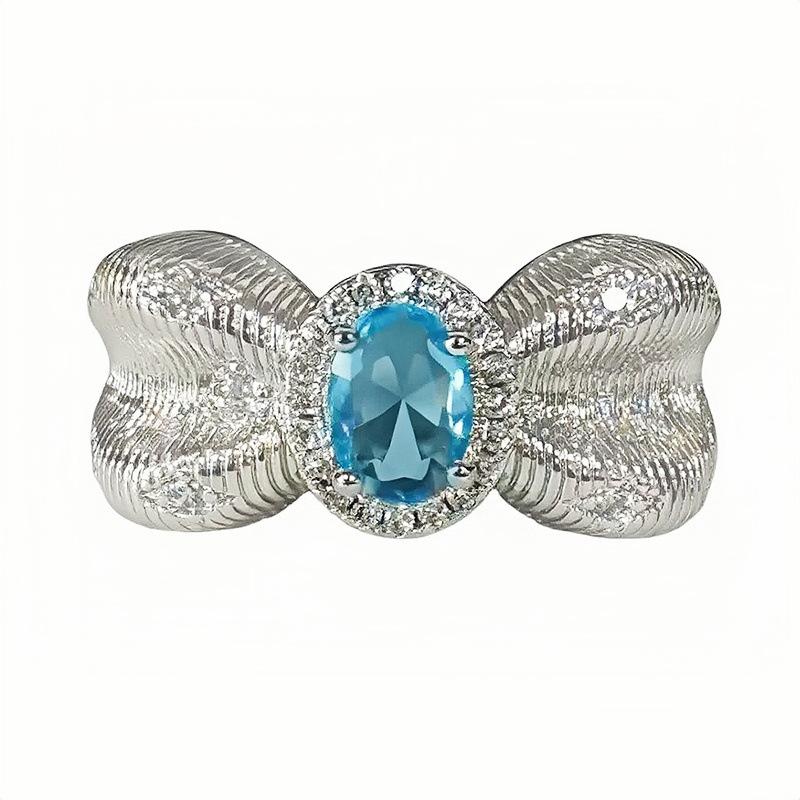 Sweet Light Luxury Sea Blue Zircon Super Flash Open Ring Niche High-End Feeling Stacking Wearing Colored Treasure Ring Woman