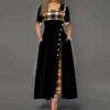 Plus Size Women Casual Party Dress Irregular Plaid Print Button Maxi Round Neck Half Sleeve