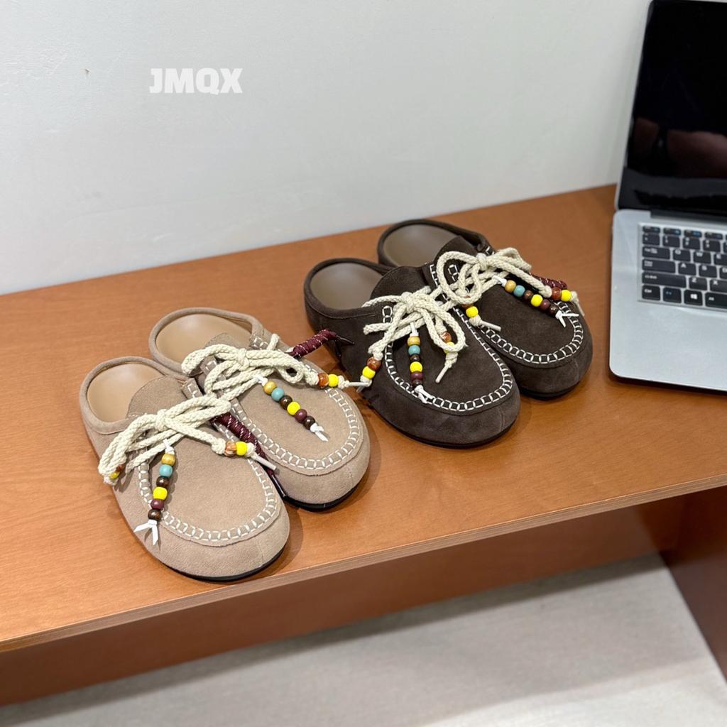 New lanyard beaded slippers baotou half drag autumn thick bottom one pedal casual lazy woman