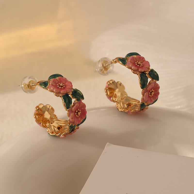 Vintage French Camellia Enamel Earrings: Colorful & High-End Fashion