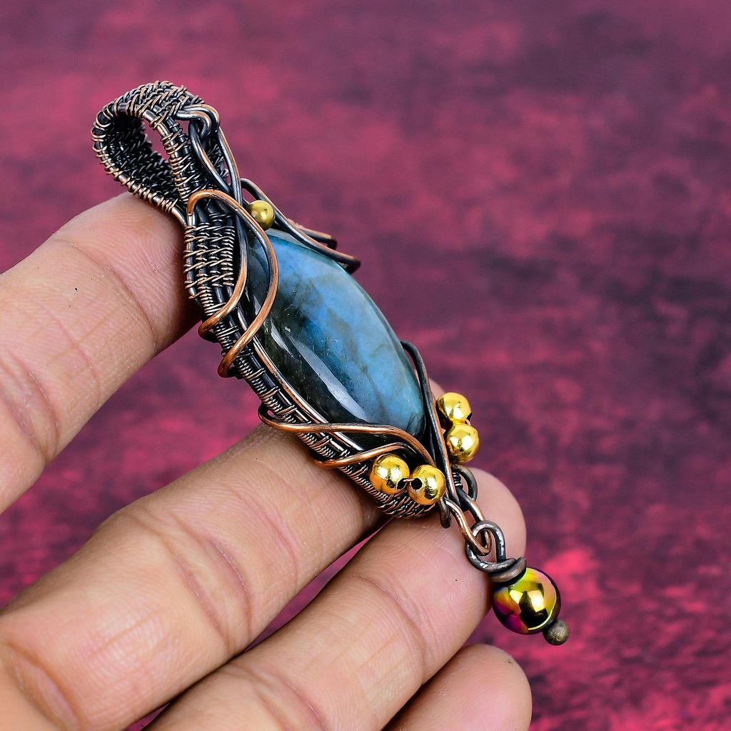 Labradorite Natural Gemstone Pendant Copper Wire Wrapped Jewelry Handmade Pendant