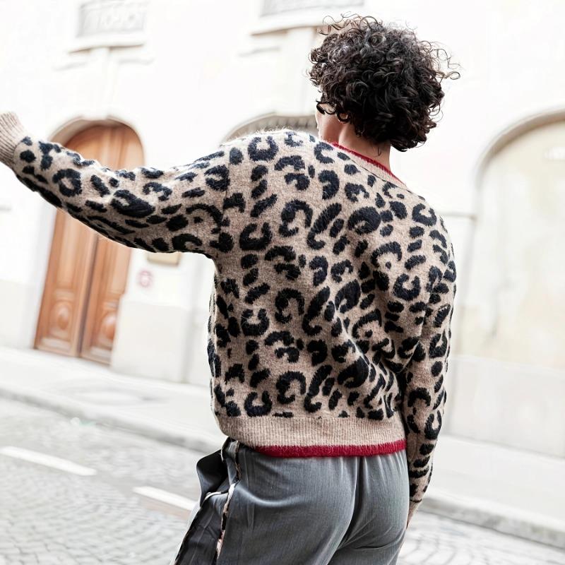 Women S Vintage Leopard Print Long Sleeve Knit Cardigan