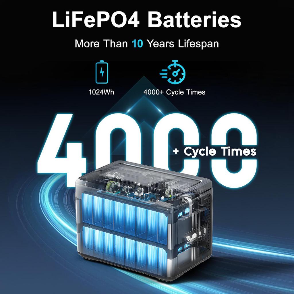 OUKITEL P1000E PLUS Přenosná napájecí stanice 1024Wh LiFePO4, Solární generátor se 4x 1800W AC výstupy, Funkce UPS 1400W, Ovládání přes aplikaci pro kempování