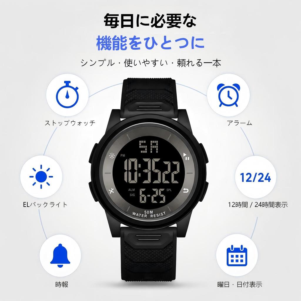 Digital Watch, Unisex, 50M Water Resistant, Lightweight, Slim, Sports Watch, Luminous LED Backlight, Alarm, Stopwatch, DateDay Display, 1224 Hour