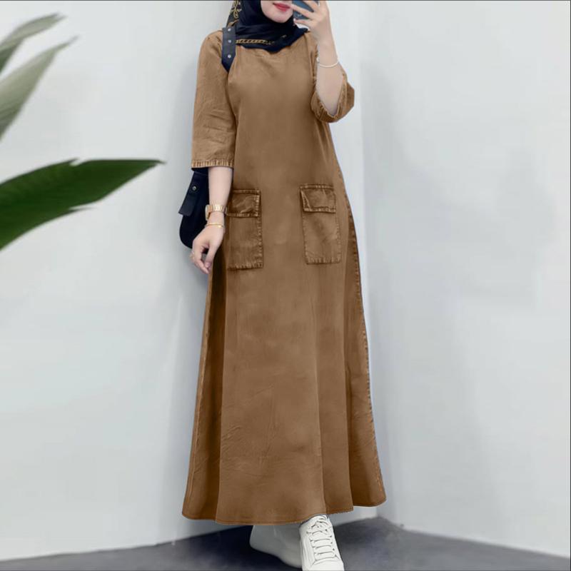 

ZANZEA Женское повседневное платье-макси с круглым вырезом, свободного кроя, с длинным рукавом, в стиле ретро 5XL хаки