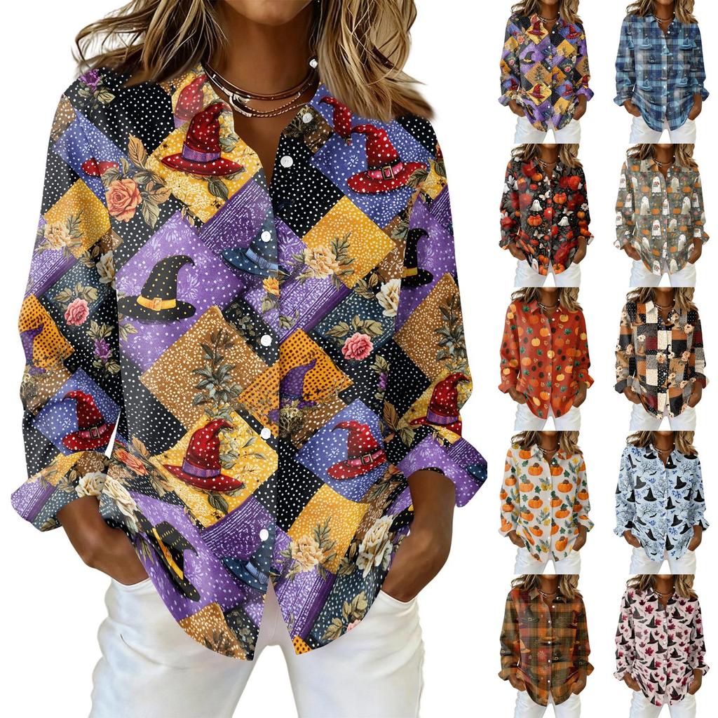 Women’s Long Sleeve Button Down Shirt with Halloween Print Turn Down Collar Casual Fit Blouse Top for Daily Wear