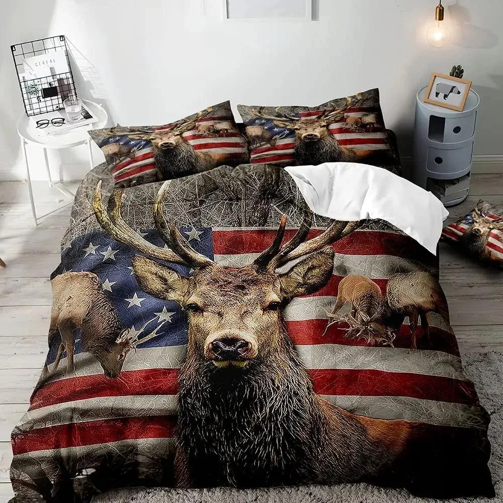 Bauernhaus Bettbezug-Set, Schwarzbär Hirsch Elch Elch Waldtier Wildtier Lodge Rustikales Bettwäsche-Set King, Salbeigrün Braun Kariert
