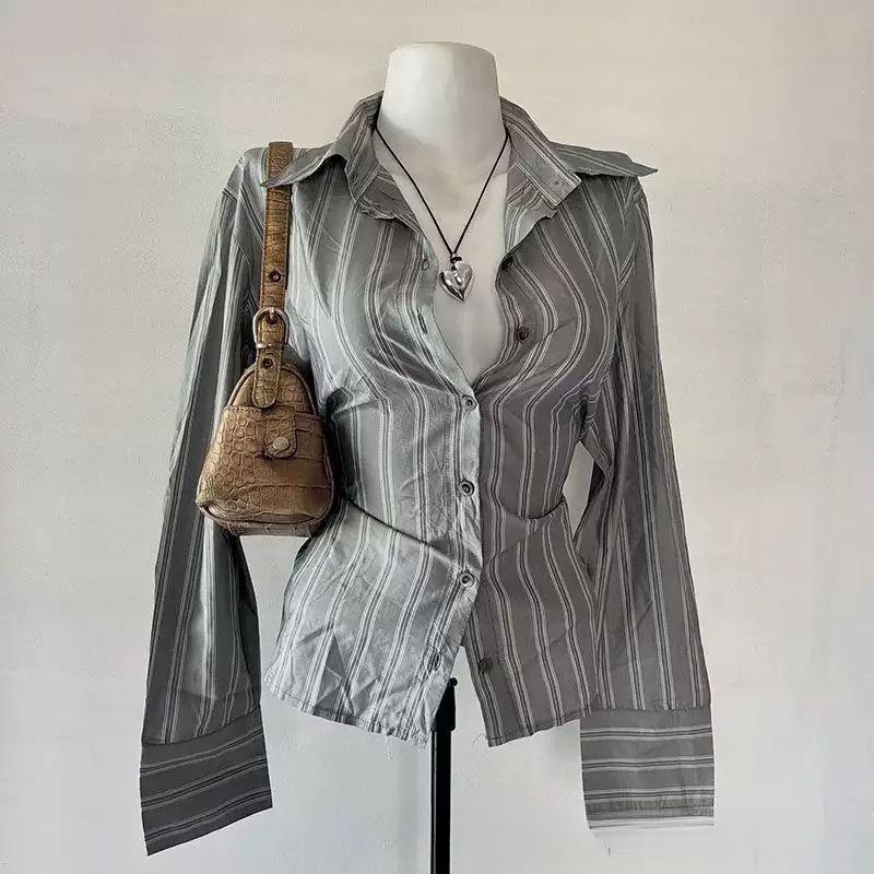 2KWEIRD Streifen Heißes Mädchen Jungfrau Klassisches Rosa Y2K Mode Damenbekleidung Freizeithemden Harajuku Langarm Vintage Chic Klassische Oberteile