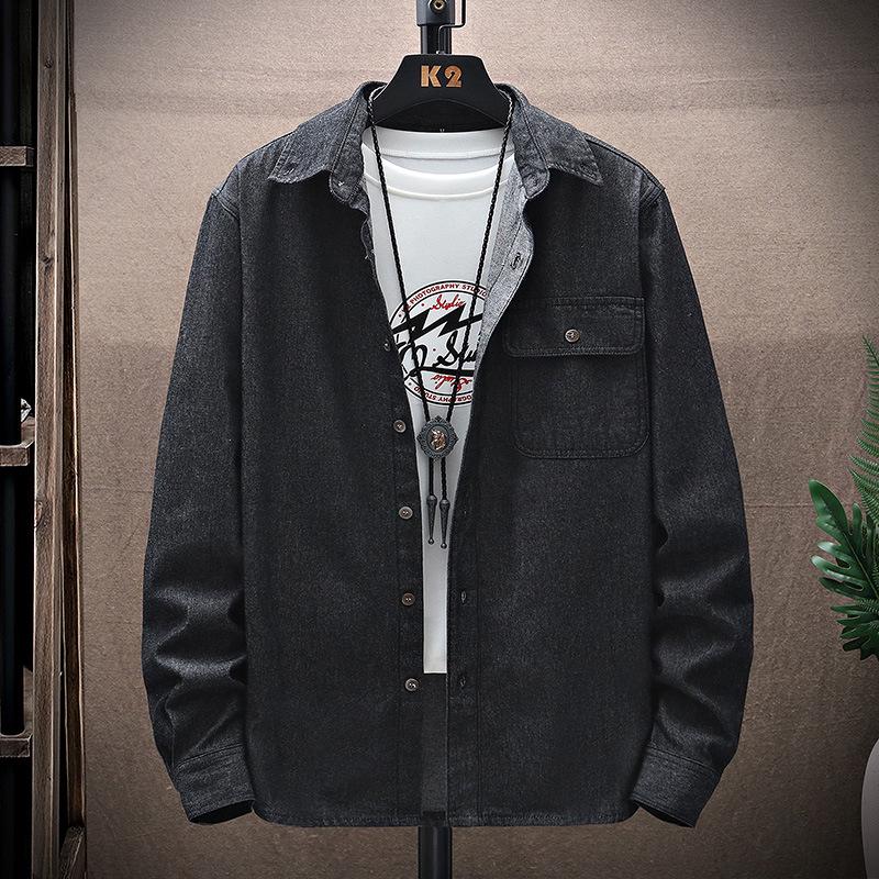 Men's Classic Denim Workwear Shirt - Long-Sleeved, Casual, Versatile, Washed for Spring or Autumn.