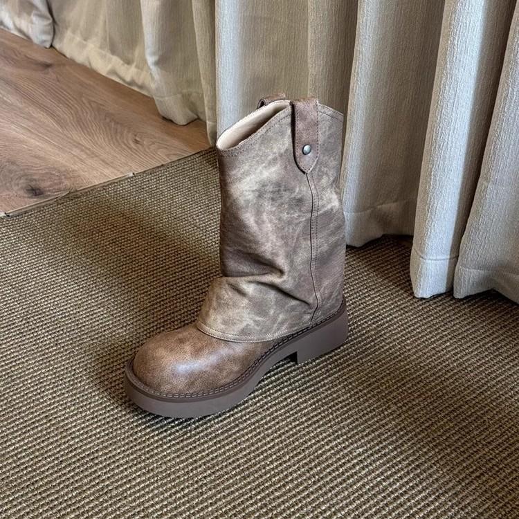 Cowhide~ Cowhide Thick-soled Chelsea Boots Women's New Sweet and Cool Side Zipper Round Head Pleated Pile Boots Western Cowboy