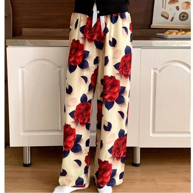 Women Bohemian Floral Print Wide Leg Pants Elastic Waist Casual Trousers Summer