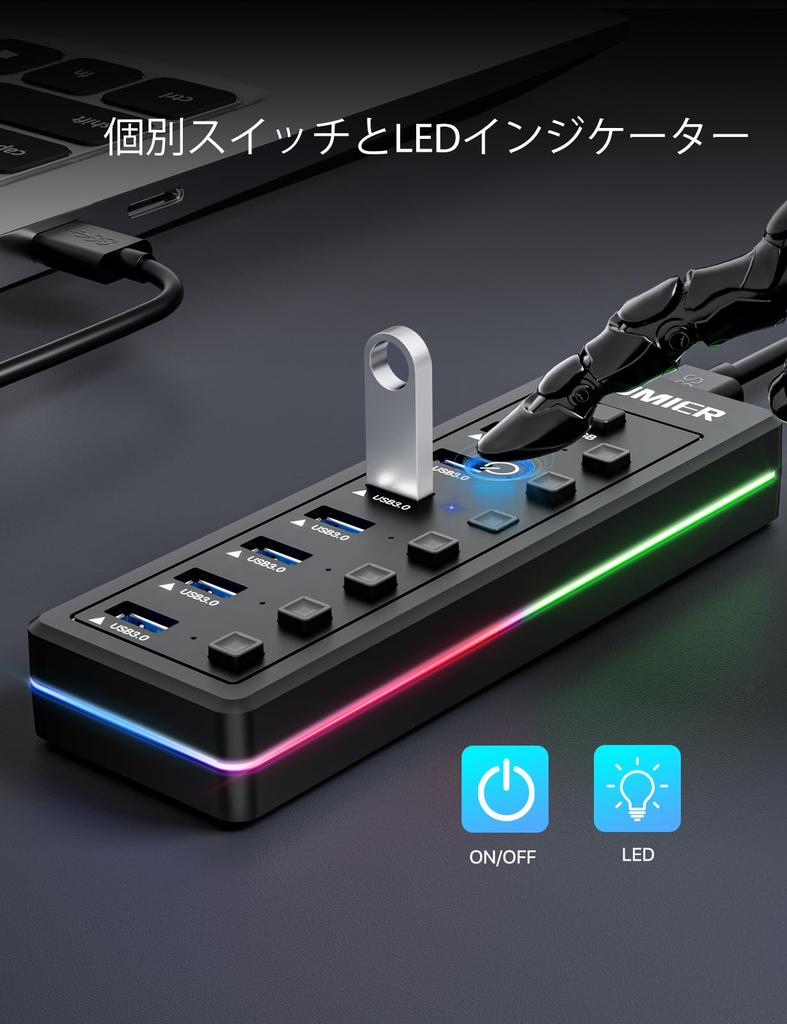USB Hub with RGB LED Strips USB Data Transfer Individual LED Switches for USB Devices Such As Hard 7-Port 3.0 - 3.0 Ports, On/Off Laptops, PCs, Mice,