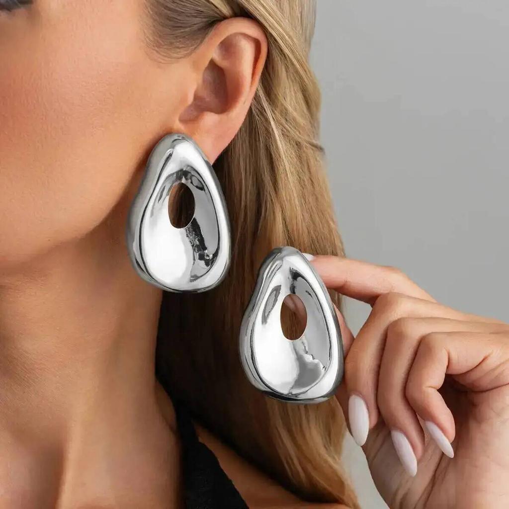 IngeSight.Z Exaggerated Irregular Teardrop Shape Metal Stud Earring for Women Creative Hollowout Piercing Ear Accessory Jewelry