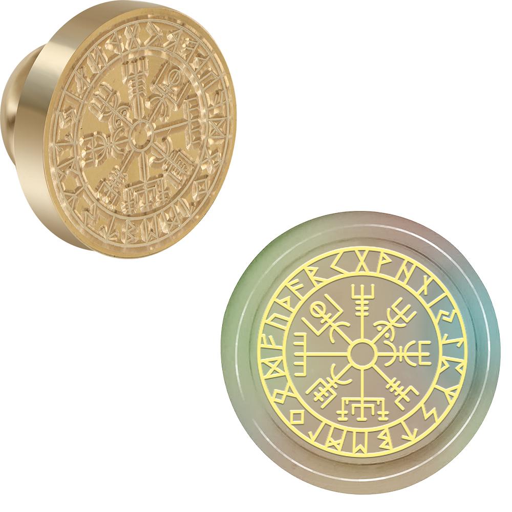 Viking Rune Vegvisir Wax Seal Stamp Compass, Scales Pattern Retro Sealing Wax Stamp 25mm Removable Brass Head for Envelope Card
