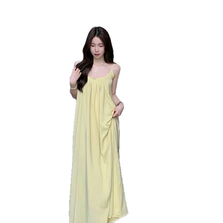 Women's French Style Spaghetti Strap A-Line Dress - Loose, White, Age-Reducing, Perfect for Summer Vacations