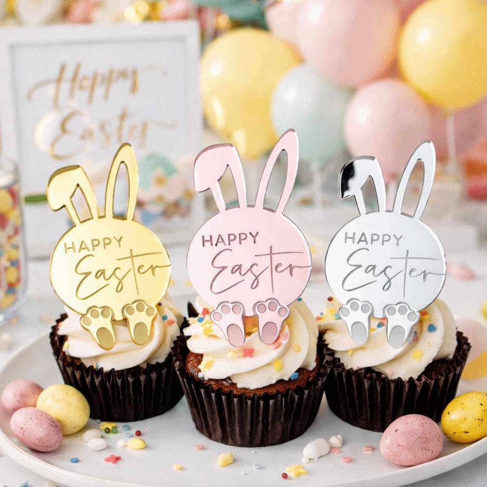 6pcs Happy Easter Cupcake Decor Toppers Cartoon Easter Bunny Ornament Bunny Pattern Tags  Gift Tags