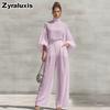 Fashion Chic Sheer Chiffon Set Solid Stand Collar Bubble Sleeve + High Waist Wide Leg Pants Two Piece Outfit