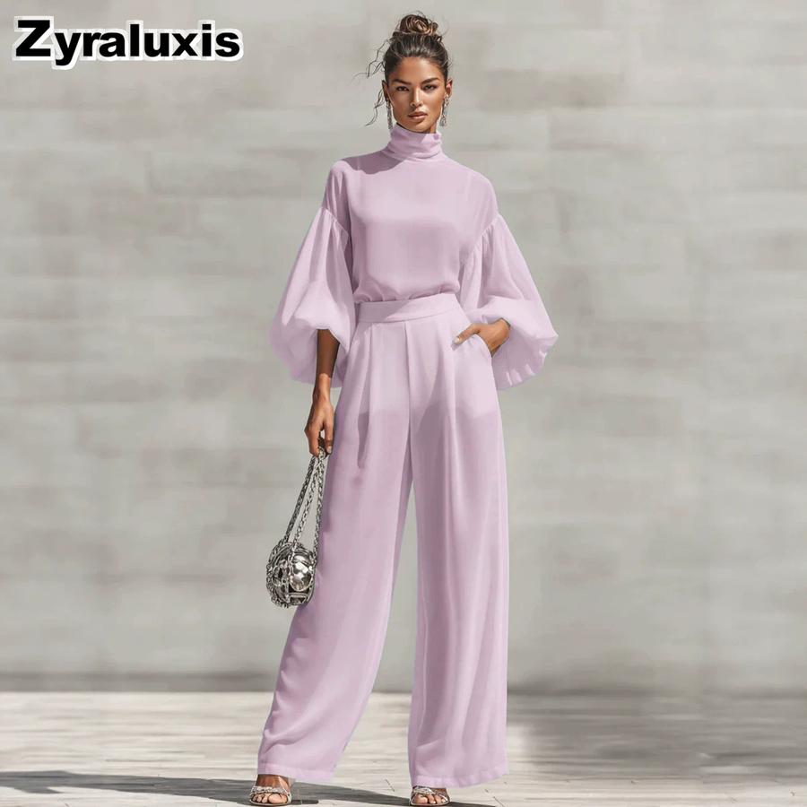 Fashion Chic Sheer Chiffon Set Solid Stand Collar Bubble Sleeve + High Waist Wide Leg Pants Two Piece Outfit