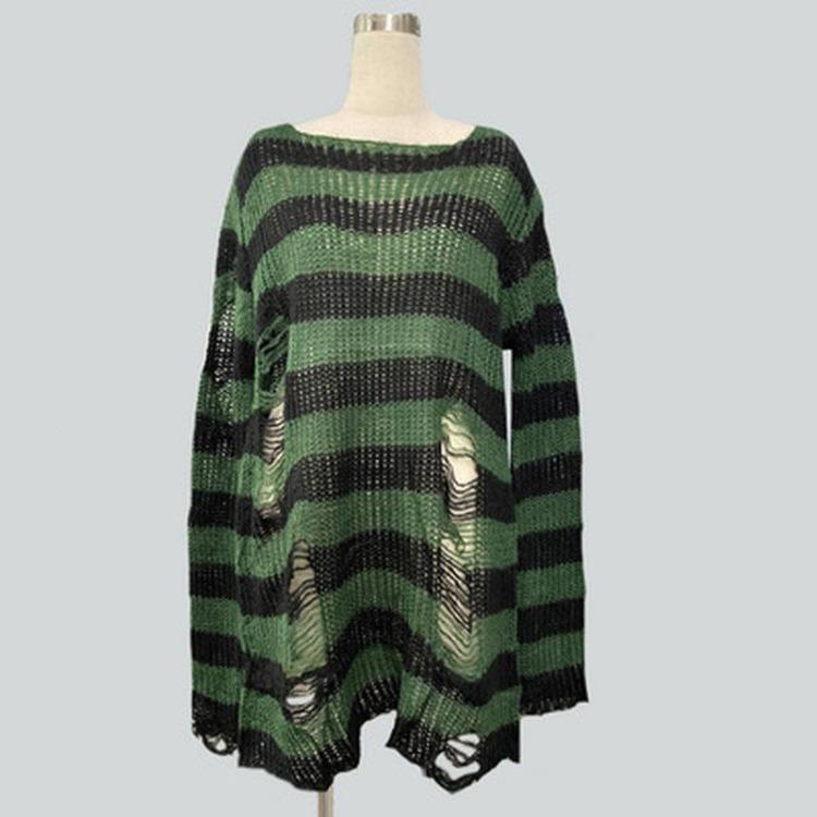 Unisex Women Cool Thin Loose Gothic Striped Long Jumper Dark Punk Streetwear Hollow Out Top Broken Hole