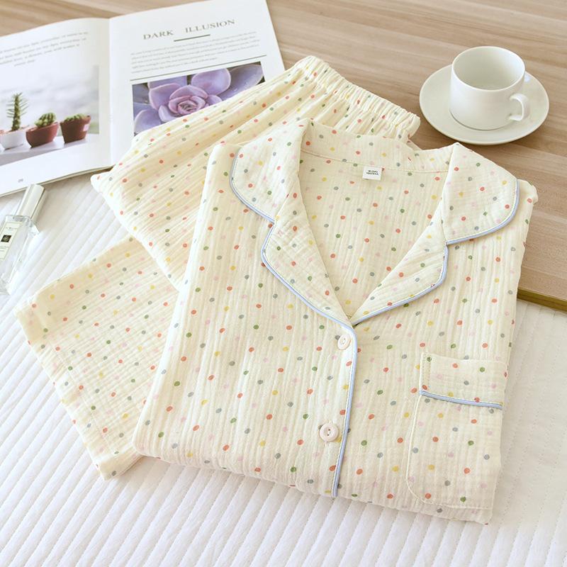 2026 Women's Spring New Pajama Set 100% Cotton Crepe Soft Collar Long Sleeve Two Piece Loose Home Clothes Sleepwear Ladies