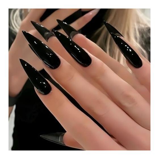 Nail Tips Black Long False Nails Gal Korean Cute Mine Type Handmade Black Simple Kogal Almond (Black 2, Long)